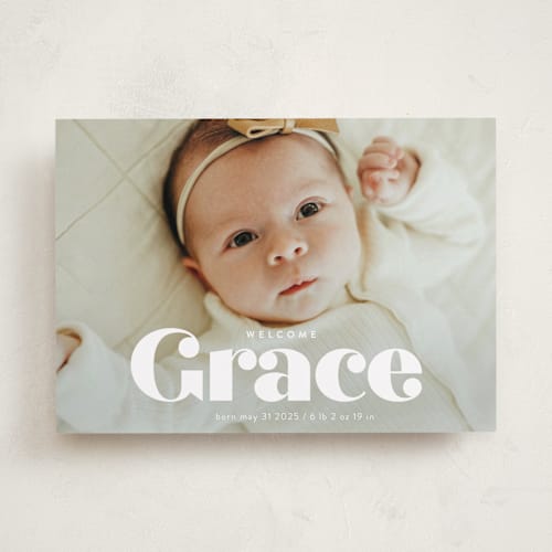 This is a pearl birth announcements with standard by Lori Wemple called name printing on recycled smooth signature in standard