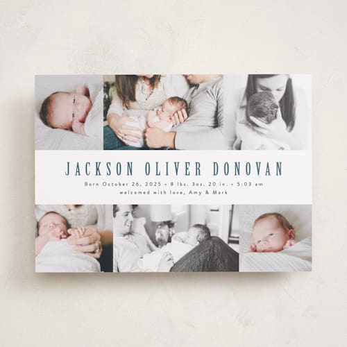 This is a steel blue birth announcements with standard by Ana Sharpe called photo stripes printing on smooth signature in standard