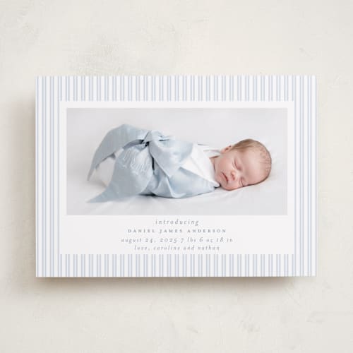 This is a sky birth announcements with standard by Jennifer Holbrook called pinstripe frame printing on recycled smooth signature in standard