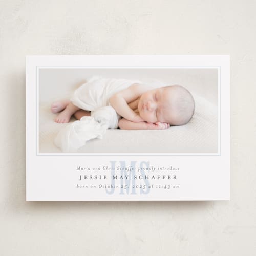 This is a sky birth announcements with standard by Erin Hodges called classic monogram printing on smooth signature in standard