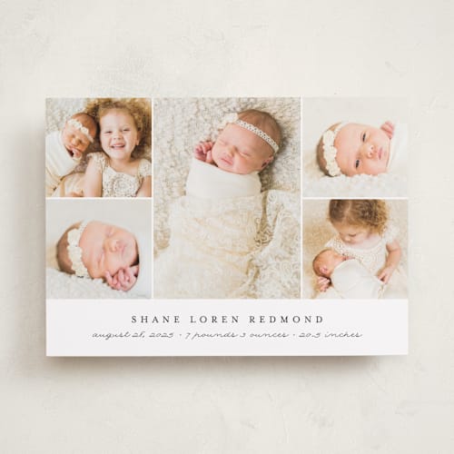 This is a slate birth announcements with standard by Brianne Larsen called classically modern printing on smooth signature in standard