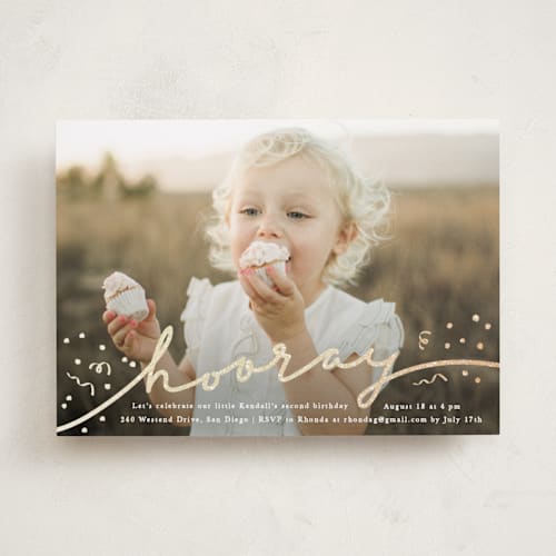 This is a doll kids birthday invitations with foil pressed by Creo Study called glittery hooray printing on smooth signature in standard