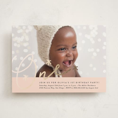 This is a blush kids birthday invitations with foil pressed by Erica Krystek called shimmering one printing on smooth signature in standard
