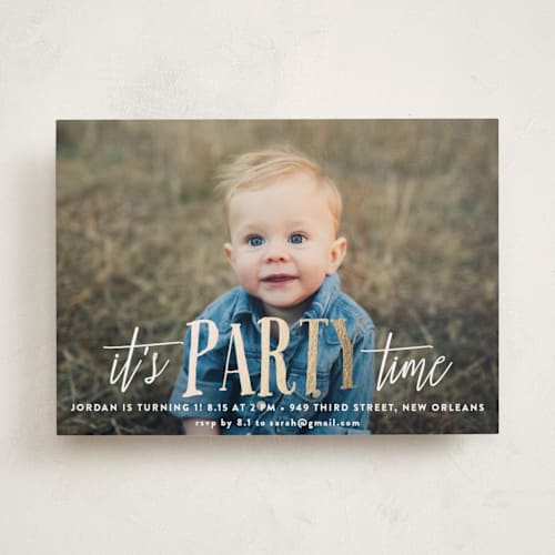 This is a gold kids birthday invitations with foil pressed by Chasity Smith called it's party time! printing on smooth signature in standard