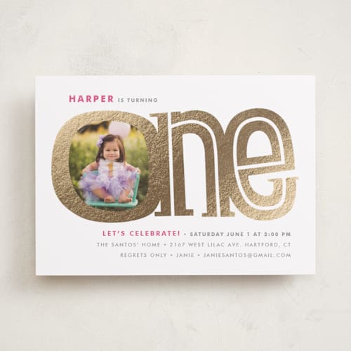 This is a blush kids birthday invitations with foil pressed by Snow and Ivy called big one printing on smooth signature in standard