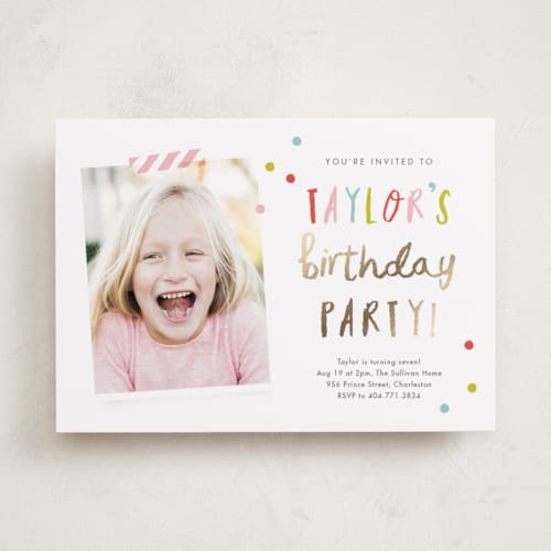 This is a bubblegum kids birthday invitations with foil pressed by Stacey Meacham called confetti bash printing on smooth signature in standard