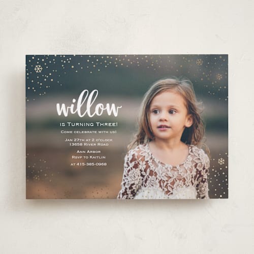 This is a gold kids birthday invitations with foil pressed by Lorent and Leif called snowfall printing on smooth signature in standard