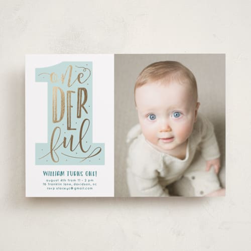 This is a seafoam kids birthday invitations with foil pressed by Christina Novak called onederful printing on smooth signature in standard