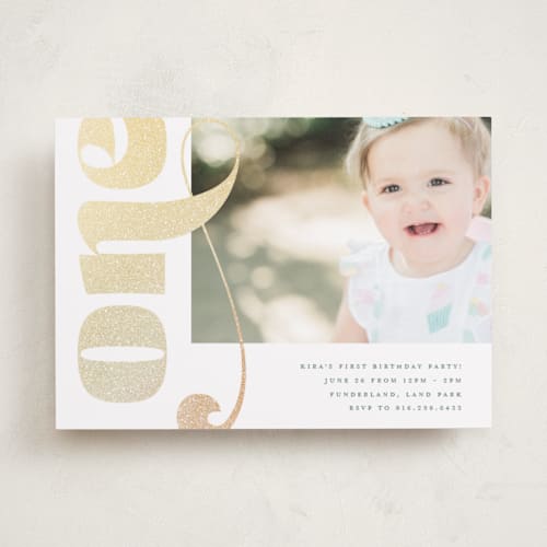 This is a sparkle kids birthday invitations with foil pressed by Christie Garcia called golden one printing on recycled smooth signature in standard