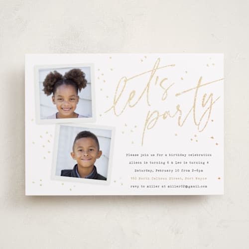 This is a cotton kids birthday invitations with foil pressed by Jessie Steury called confetti script printing on smooth signature in standard