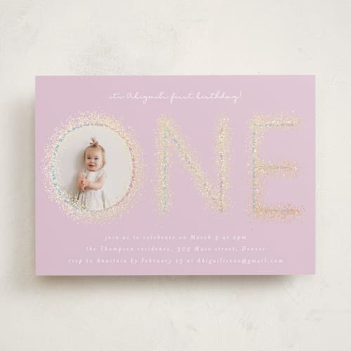 This is a cotton candy kids birthday invitations with foil pressed by Ashlee Townsend called sparkle one printing on smooth signature in standard