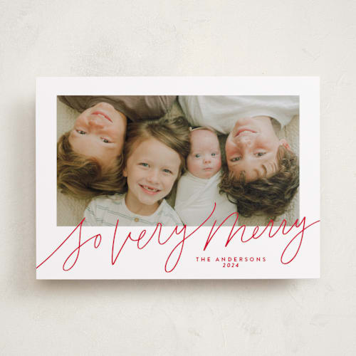 This is a santa suit photo christmas cards with standard by Kristen Magee called so very merry script printing on recycled smooth signature in standard