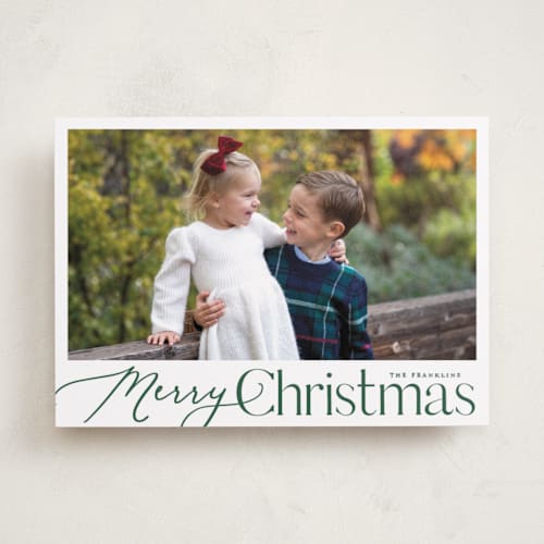This is a evergreen photo christmas cards with standard by Carolyn MacLaren called merry mix printing on recycled smooth signature in standard