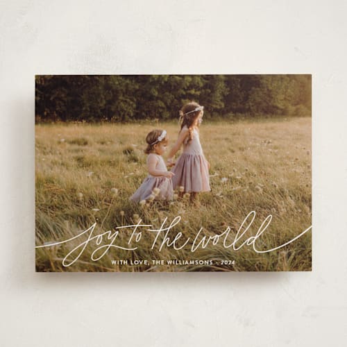 This is a midnight clear photo christmas cards with standard by Kristen Magee called joy to the world script printing on recycled smooth signature in standard