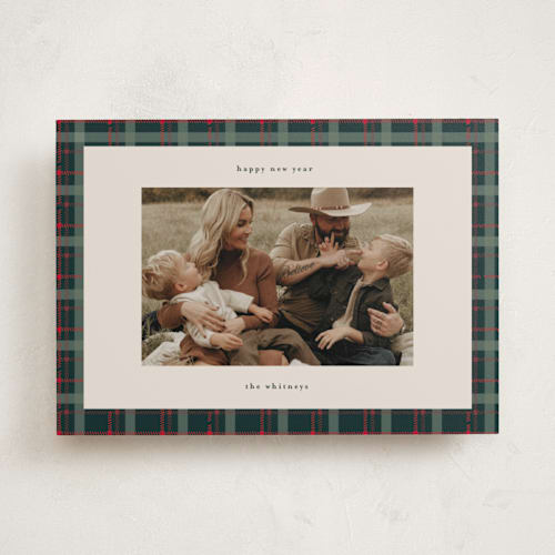 This is a wreath photo christmas cards with standard by Makewells called plaid peace printing on recycled smooth signature in standard
