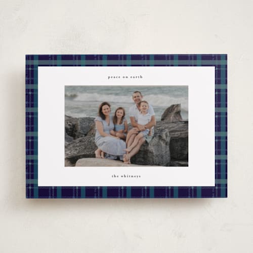 This is a navy photo christmas cards with standard by Makewells called plaid peace printing on recycled smooth signature in standard