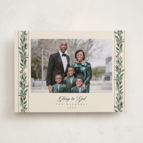 This is a eggnog photo christmas cards with standard by Rebecca Durflinger called evergreen garlands printing on recycled smooth signature in standard