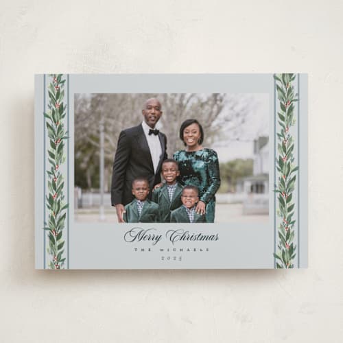 This is a winter sky photo christmas cards with standard by Rebecca Durflinger called evergreen garlands printing on recycled smooth signature in standard