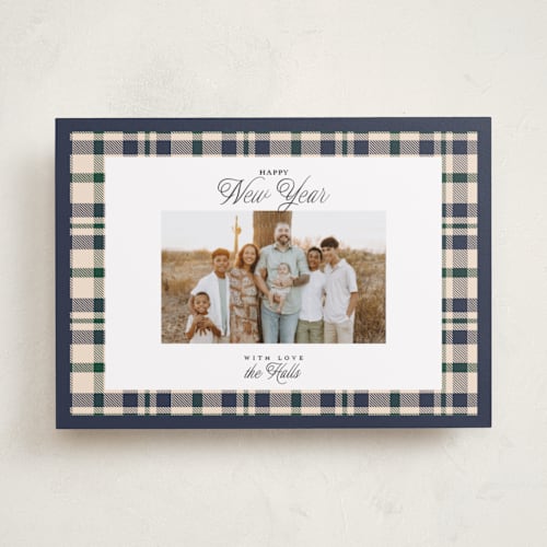 This is a navy photo christmas cards with standard by Itsy Belle Studio called glory & plaid printing on recycled smooth signature in standard