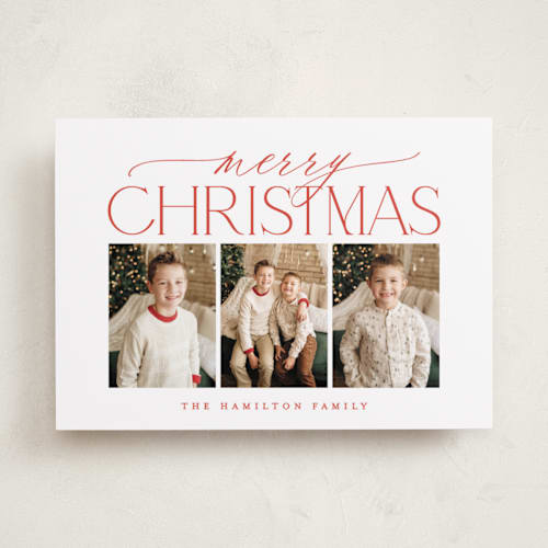 This is a poinsettia photo christmas cards with standard by Brooke Chandler called merry christmas trio printing on recycled smooth signature in standard