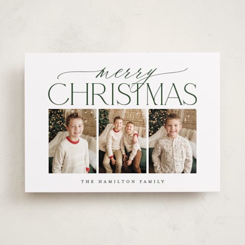 This is a pine photo christmas cards with standard by Brooke Chandler called merry christmas trio printing on recycled smooth signature in standard