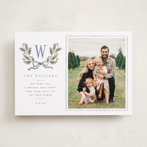 This is a blue spruce photo christmas cards with standard by Wildfield Paper Co called holly monogram printing on recycled smooth signature in standard
