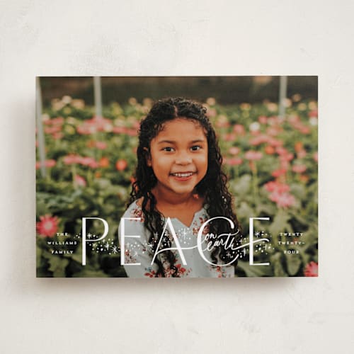 This is a snow fall photo christmas cards with standard by Wildfield Paper Co called peace on earth! printing on recycled smooth signature in standard