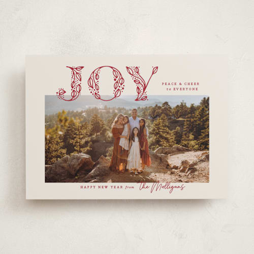 This is a santa suit photo christmas cards with standard by Kamala Nahas called joy to the world printing on recycled smooth signature in standard