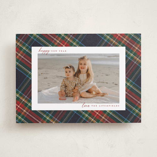 This is a flannel photo christmas cards with standard by Wildfield Paper Co called christmas tartan printing on recycled smooth signature in standard