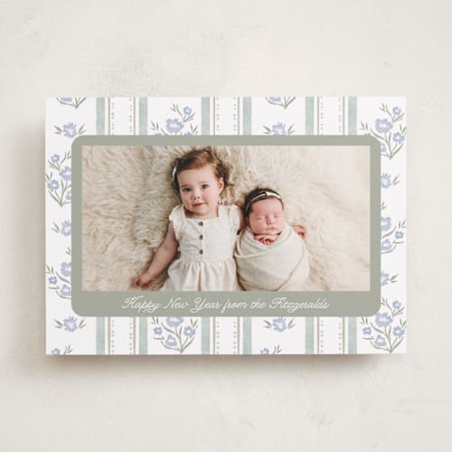 This is a periwinkle photo christmas cards with standard by Jackie Crawford called cottage watercolor ribbon printing on recycled smooth signature in standard