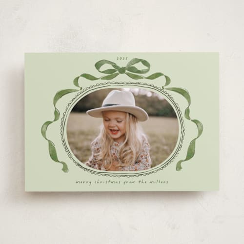 This is a winter moss photo christmas cards with standard by Susan Zinader called whimsical bow printing on recycled smooth signature in standard