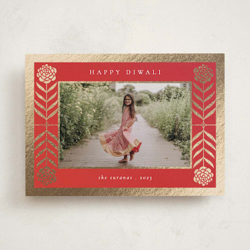This is a vermillion diwali cards with foil pressed by letterfix called marigold frame printing on recycled smooth signature in standard