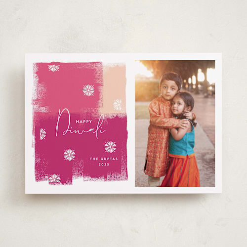 This is a fuchsia diwali cards with standard by Nazia Hyder called diwali splash printing on recycled smooth signature in standard