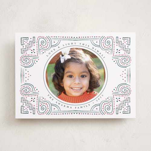 This is a teal diwali cards with standard by Kanika Mathur called rangoli frame printing on recycled smooth signature in standard
