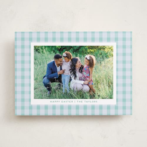 This is a aqua easter photo cards with standard by Sarah Cohn called easter plaid card printing on recycled smooth signature in standard