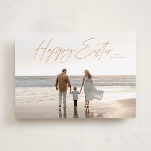 This is a yellow ochre easter photo cards with standard by Hooray Creative called casual script printing on recycled smooth signature in standard