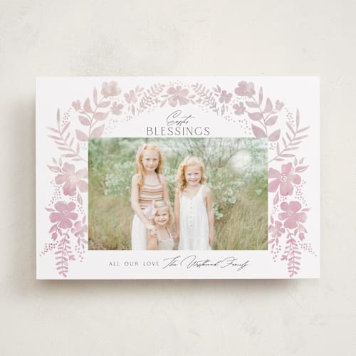 This is a blush easter photo cards with standard by Erin Deegan called watercolored florals printing on recycled smooth signature in standard