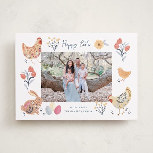 This is a speckled eggs easter photo cards with standard by Sarah Knight called blossom farm printing on recycled smooth signature in standard