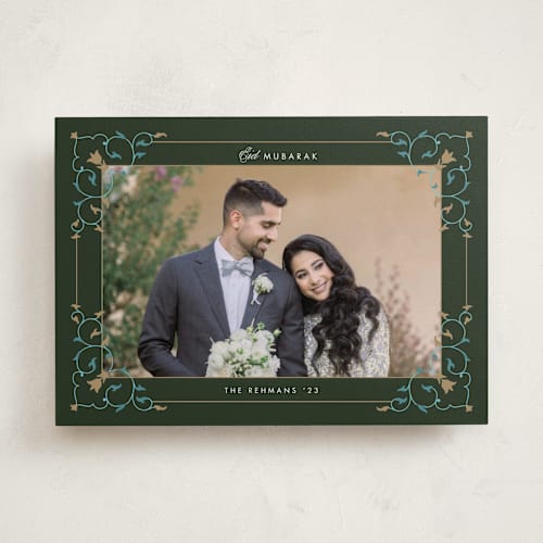 This is a moss eid cards with standard by Sejal Banker called arabic corners printing on recycled smooth signature in standard