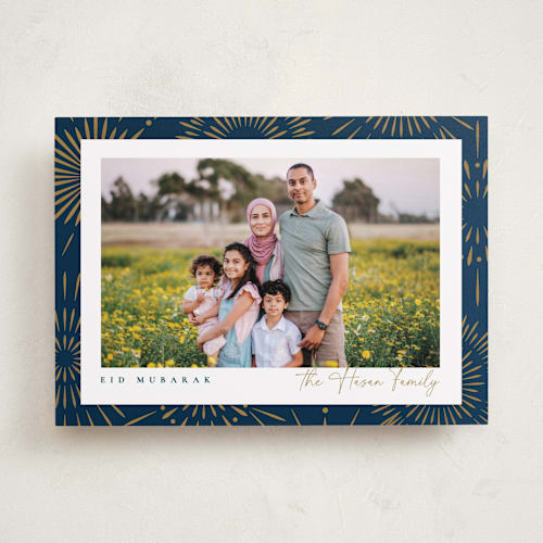 This is a navy eid cards with standard by Robert and Stella called bright bursts printing on recycled smooth signature in standard