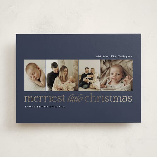 This is a blueberry babys first christmas with foil pressed by Sarah Brown called little merriest printing on recycled smooth signature in standard
