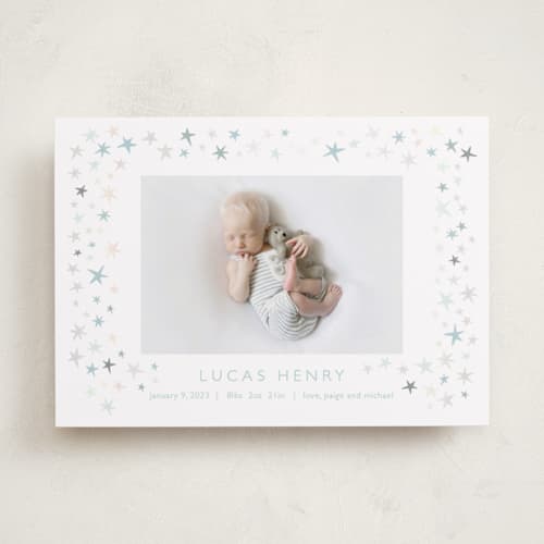 This is a cloud birth announcements with gloss press by Townsend Majors called shining star printing on recycled smooth signature in standard