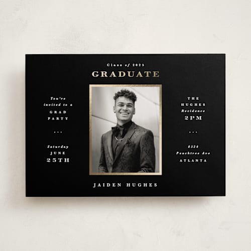 This is a onyx graduation invitations with foil pressed by Hooray Creative called tres chic printing on recycled smooth signature in standard