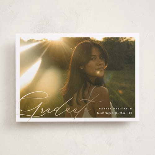This is a pearl graduation announcements with foil pressed by Carolyn Nicks called sunlight printing on recycled smooth signature in standard