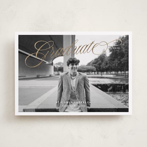 This is a cotton graduation announcements with foil pressed by Blustery August called opera printing on recycled smooth signature in standard