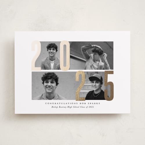 This is a golden grad graduation announcements with foil pressed by Up Up Creative called four photo printing on recycled smooth signature in standard