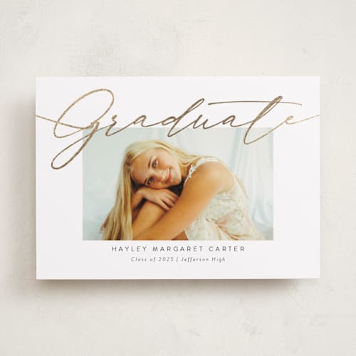 This is a snow graduation announcements with foil pressed by Meggy Masters called graduate flow printing on recycled smooth signature in standard