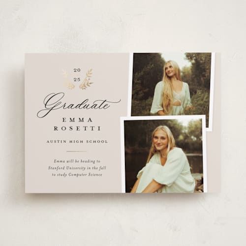 This is a ivory graduation announcements with foil pressed by Sarah Curry called laurel branches printing on recycled smooth signature in standard