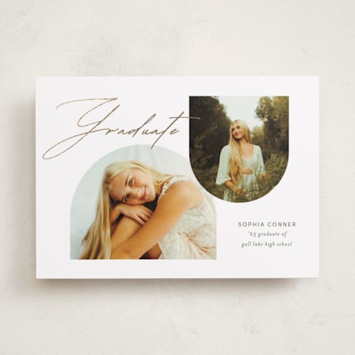 This is a salt graduation announcements with foil pressed by Pixel and Hank called hoop printing on recycled smooth signature in standard
