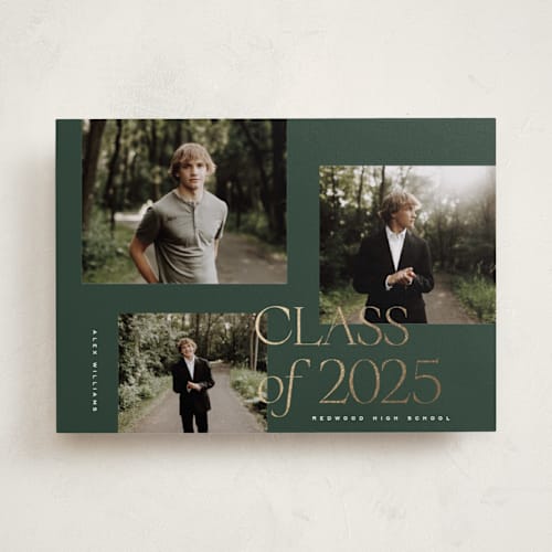 This is a forest graduation announcements with foil pressed by Kelly Schmidt called troi printing on recycled smooth signature in standard